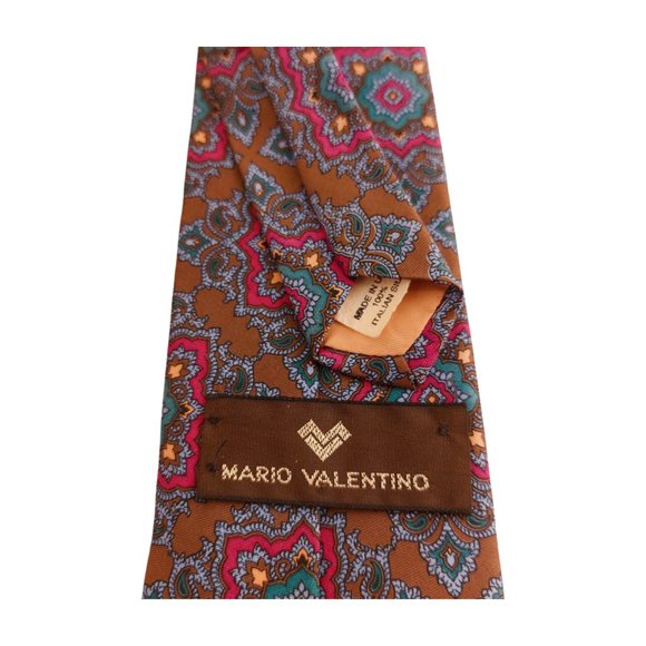 Mario Valentino Brown Geometric 100% Italian Silk Neck Tie - Picture 4 of 4